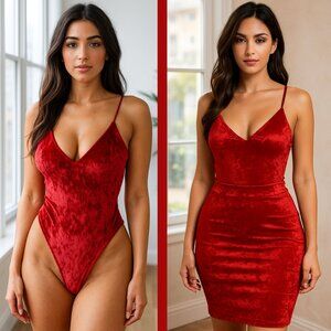 2-Piece Bodysuit and Skirt Velour-Feel Set (Red-ish or Maroon/Burgundy Color)